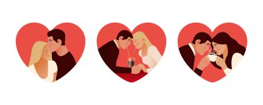 Sevgililer Günü Kalp Şekilli Çizgi Film seti. Modern Düz Vektör İllüstrasyonu. Birbirinin karşısında oturan bir çift. Sosyal Medya Reklamları.