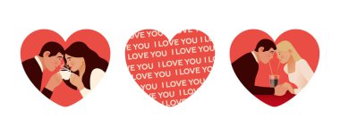 Sevgililer Günü Kalp Şekilli Çizgi Film seti. Modern Düz Vektör İllüstrasyonu. Birbirinin karşısında oturan bir çift. Sosyal Medya Reklamları.