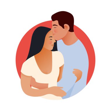 Çiftler birbirlerine Kırmızı Çember şeklinde sarılırlar. Modern Düz Vektör İllüstrasyonu. Sosyal Medya Reklamları.