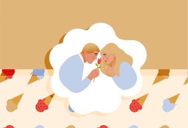 Birbirinin karşısında oturan bir çift. Erkek Çiçeği Tutma. Dondurmasız Dondurma Deseni Arkaplanı. Modern Düz Vektör İllüstrasyonu. Sosyal Medya Reklamları.