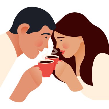 Birbirine yakın oturan çift. Eller kahve fincanlarını tutsun. Modern Düz Vektör İllüstrasyonu. Sosyal Medya Reklamları.