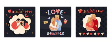 Sevgililer Günü kartı seti. Modern Düz Vektör İllüstrasyonu. Çift ve Karanlık Arkaplanda Dekoratif Elementlerle Harf Kompozisyonu. Sosyal Medya Reklamları.
