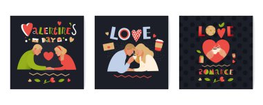 Sevgililer Günü kartı seti. Modern Düz Vektör İllüstrasyonu. Çift ve Karanlık Arkaplanda Dekoratif Elementlerle Harf Kompozisyonu. Sosyal Medya Reklamları.
