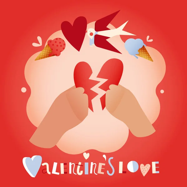 Ręce Trzymają Złamane Serce Części Walentynkowa Miłość Nowoczesna Ilustracja Wektora — Wektor stockowy