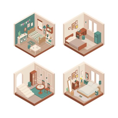 Çeşitli mobilyalarla izometrik düşük polyester kaplı odalar..