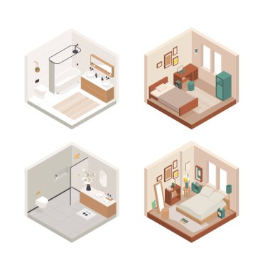 Çeşitli mobilyalarla izometrik düşük polyester kaplı odalar..