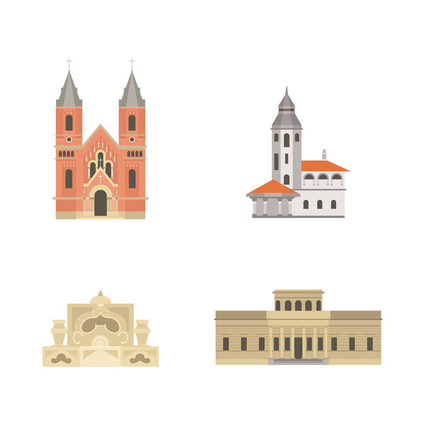 Cartoon symbols of Nikolaev. Popular tourist architectural object: Roman Catholic Church, Tram Substation, Turkish Fountain, Marine Astronomical Observatory, Ukraine.