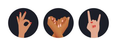 Eller hazır. Modern Düz Vektör Tasvirleri. Farklı Irkın Elleri Rozetleri Gösteriyor. Sosyal Medya Reklamları.