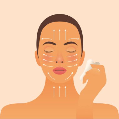 Gua Sha Yüz Masajı. Modern Düz Vektör İllüstrasyonu. Masaj Şeması Tutucu Gua Sha Taşı Kadın Portresi. Web sitesi şablonu. Sosyal Medya Kavramı.