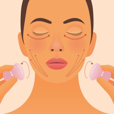 Gua Sha Yüz Masajı. Modern Düz Vektör İllüstrasyonu. Masaj Şeması Tutucu Gua Sha Taşı Kadın Portresi. Web sitesi şablonu. Sosyal Medya Kavramı.