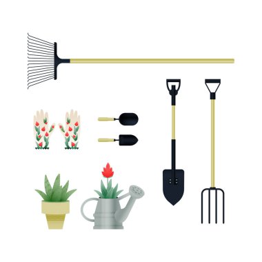 Bahçe aletleri. Modern Düz Vektör İllüstrasyonu. Kürek, Pitchfork, Bahçe Malası, Tırmık, Bahçe Eldiveni, Saksıda Büyüyen Bitki ve Su Kutusunda. Sosyal Ortam Şablonu.