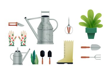 Bahçe aletleri. Modern Düz Vektör İllüstrasyonu. Garden Trowel, Garden Fork, Kinds of Water Can, Makas, Makas, Botlar, Bahçe Eldiveni, Yapraklar, Ot Sosyal Medya Şablonu 'nda Büyüyen Bitki.