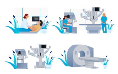 Modern Daire Sağlık Sigortası İllüstrasyonları. Tıbbi Ekipman, Robot Cerrahi Destekli Sistem, Tıp Ofisinde Ultrasonografi Prosedürü, MRI Prosedürü.