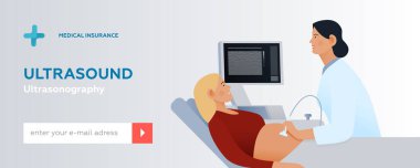 Ultrasonografi prosedürü. Tıbbi Ofiste ya da Laboratuvarda Hasta Muayene Eden Hamile Kadın. Modern Düz Vektör Tasviri. İnternet sitesi afişi. Sosyal Ortam Şablonu.