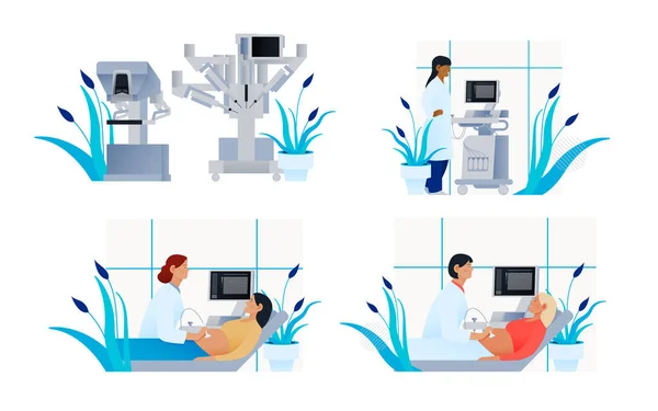 Sada Moderních Plochých Ilustrací Zdravotního Pojištění Zdravotnické Vybavení Robotický Chirurgický — Stockový vektor