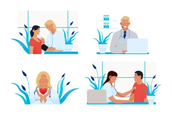 Sada Moderních Plochých Ilustrací Zdravotního Pojištění Call Center Young Medical — Stockový vektor