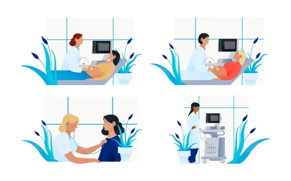 Zestaw Nowoczesnych Płaskich Ilustracji Ubezpieczenia Medycznego Ultrasonografia Procedura Kardiochirurgia Auscultation — Wektor stockowy