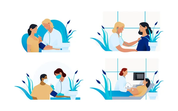 Sada Moderních Plochých Ilustrací Zdravotního Pojištění Krevní Tlak Test Ultrasonografie — Stockový vektor
