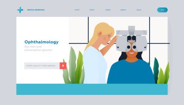 Ophthalmology. Eye Test and Prescription Glasses. Medical Specialist Hold Optometry Machine while Patient Has Eye Test. Modern Flat Vector Illustration. Landing Page Template. Website Banner. clipart