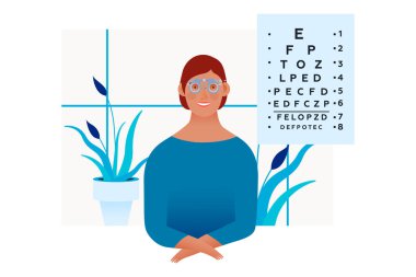 Oftalmoloji. Göz Testi ve Reçeteli Gözlük. Tıbbi Ofiste Ayarlanabilir Optik Deneme Lensleri olan Kadın Hasta. Modern Düz Vektör İllüstrasyonu. Sosyal Ortam Şablonu.