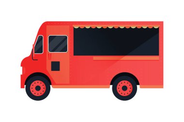 Yemek kamyonu. Modern Düz Vektör İllüstrasyonu. Renkli Çizgi Film Style Sokak Yemek Kamyoneti. Sosyal Ortam Şablonu.