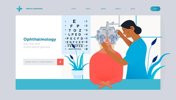 Ophtalmologie Eye Test Prescription Glasses Spécialiste Médicale Féminine Patiente Avec — Image vectorielle