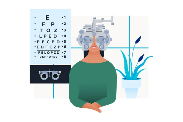 Szemészetből Szemvizsgálat Szemüveg Felírása Női Beteg Phoropterrel Orvosi Rendelőben Modern — Stock Vector