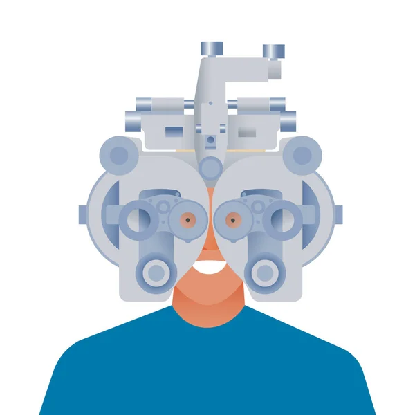 眼科学 眼の検査と処方眼鏡 男性は視力検査機を使用しています 現代のフラットベクトルイラスト ソーシャルメディアテンプレート — ストックベクタ
