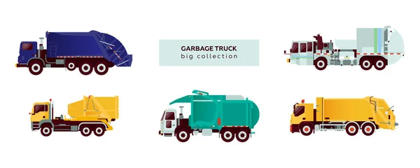 Big Set Various Type Garbage Truck Emergency Vehicle Modern Flat — Stock Vector