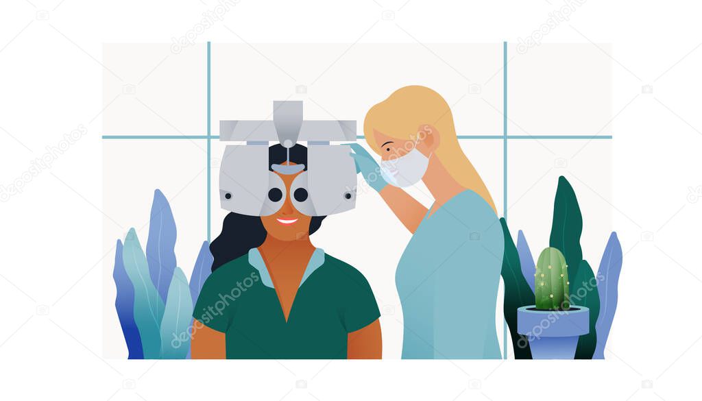 Ophthalmology. Eye Test and Prescription Glasses. Medical Specialist Hold Optometry Machine while Female Patient Has Eye Test in Medical Office. Modern Flat Vector Illustration. Social Media Template.