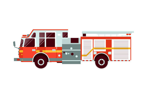 Red Fire Truck Emergency Vehicle. Modern Flat Style Vector Illustration. Social Media Template.