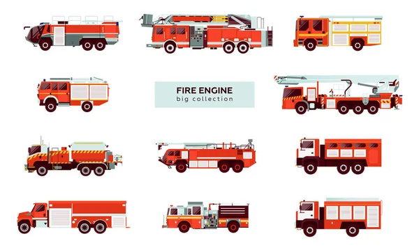 Big Set Dari Berbagai Jenis Red Fire Truck Kendaraan Darurat - Stok Vektor