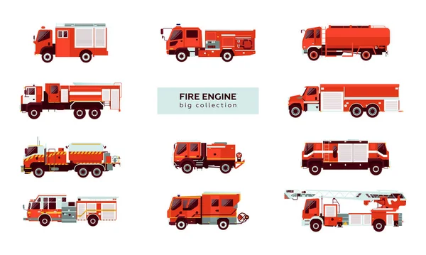 Großes Set Von Verschiedenen Arten Von Roten Feuerwehrfahrzeugen Moderne Flache — Stockvektor