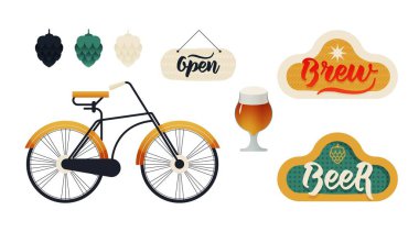 Bira Mektubu. Hops 'un çeşitliliği. Bira Rozeti Türleri. Açık İşaret. Bir bardak bira. Antika bir bisiklet. Modern Vektör İllüstrasyonu. Sosyal Medya Reklamları.