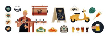 Bira Rozeti Türleri. Bira kulesinden bira dolduran genç barmen. Hop! Buğday. Birayla El Tutuşu Bardağı. Scooter. Asfalt standı. Modern Düz Vektör Tasvirleri. Sosyal Medya Reklamları.