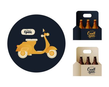 Teslimat Rozeti. Mukavva kutularda bira türleri var. Scooter ve Açık İşaret. Modern Vektör İllüstrasyonu. Sosyal Medya Reklamları. 