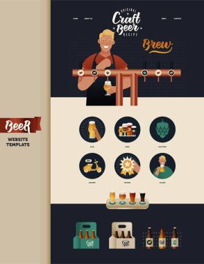 İniş Sayfası Tasarım Şablonu. Modern Düz Vektör Tasvirleri. Barmen. Bira kulesinden bira döken önlüklü genç adam. Simge Menüsü. Blog. Bizim hikayemiz. Teslimat. Değerlendirmeler. Galeri. Bira Seti.
