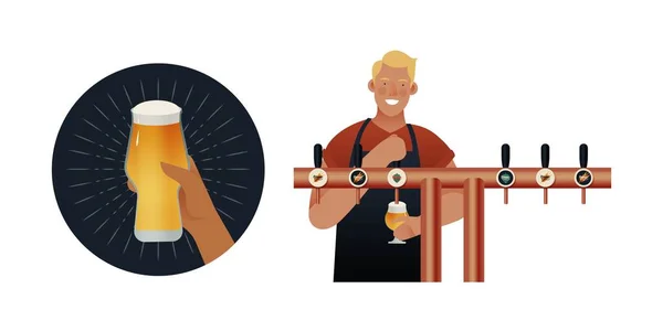 啤酒徽章手持玻璃杯 酒保年轻男子在Apron倒啤酒从啤酒塔 现代矢量图解 社交媒体广告 — 图库矢量图片