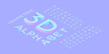 Isometric Latin Büyük Harfler, Numaralar ve İşaretler Mor Arkaplanda Kalın 3d Yazı Tipi. Modern Vektör İllüstrasyonu. Pastel Renk Gradyanları. Sosyal Ortam Şablonu.