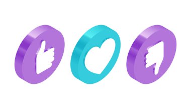 Isometric Icons seti. Modern Düz Vektör İllüstrasyonu. Kalp şekli, nefret işareti gibi bir şey. Sosyal Ortam Şablonu.