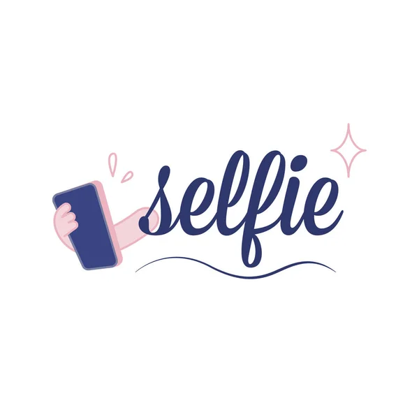 Selfie Modern Düz Vektör Llüstrasyonu Tutuşu Akıllı Telefonlu Harf Kompozisyonu — Stok Vektör