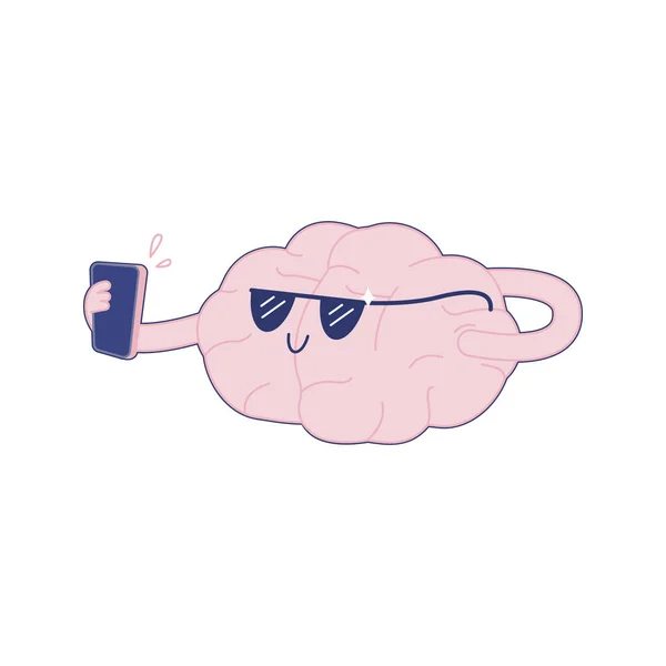 Happy Brain Hold Smartphone Make Selfie Ilustração Moderna Vetores Planos — Vetor de Stock