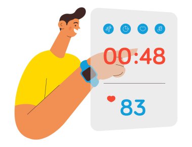 Mutlu gülümseyen erkek akıllı saat ya da bant takıyor. Akıllı saat ekranının projeksiyonunu eğitim yükleriyle kontrol eden bir adam. Fitness takip cihazı. Beyaz arkaplanda renkli düz vektör çizimi.