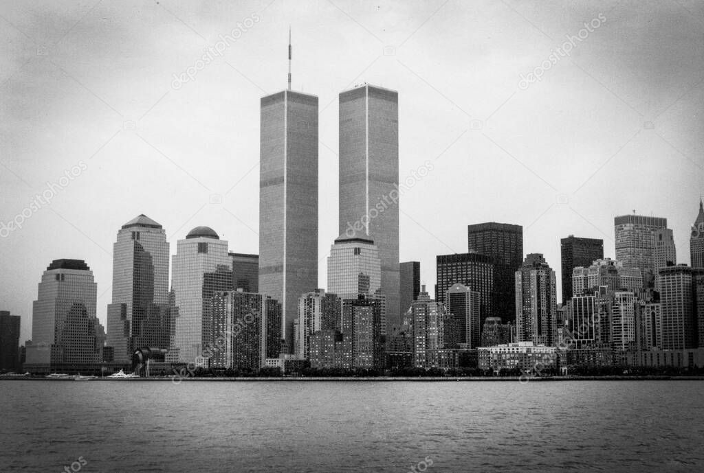 A black and white photo of the World Trade Center in New York