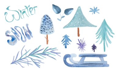 Kış suluboya seti. Kartpostalların dekorasyonu, tasarım işleri, hediyelik eşyalar, ambalaj tasarımı, davetiye, ambalaj.