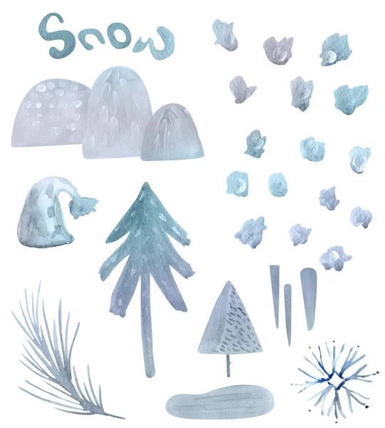 Set Inverno Neve Acquerello Decorazione Cartoline Opere Design Souvenir Packaging — Foto Stock