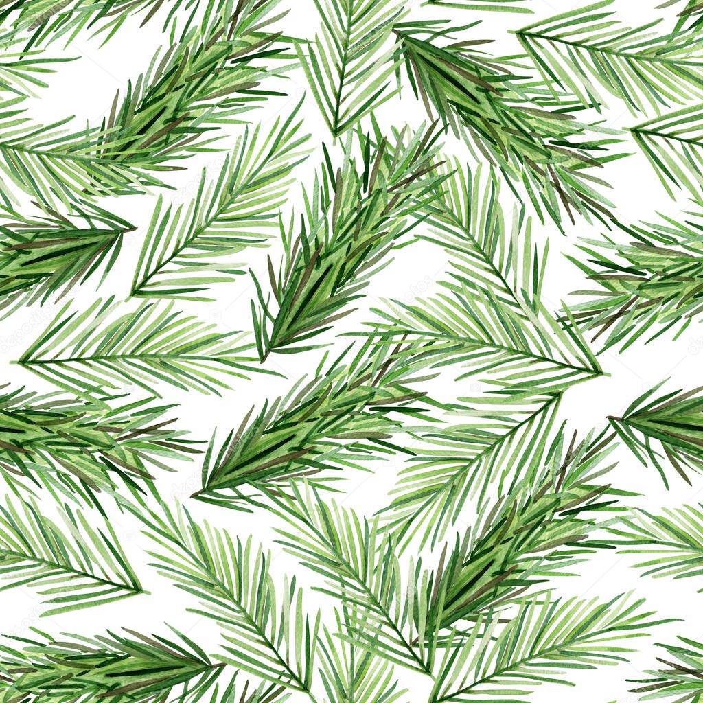 Pine watercolor pattern. For decoration of gift wrapping, design works, postcards, design of fabrics and textiles, souvenirs, packaging design, invitation..