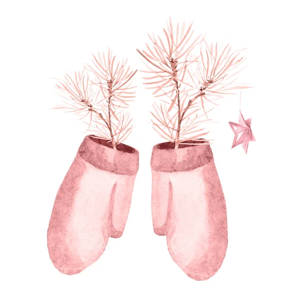Ροζ Χριστουγεννιάτικα Γάντια Για Διακόσμηση Δώρου Περιτυλίγματος Σχεδίων Καρτ Ποστάλ — Φωτογραφία Αρχείου