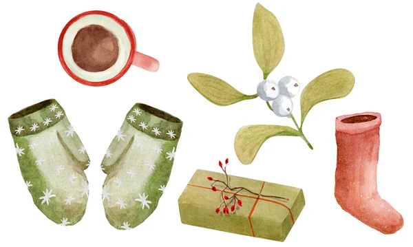 Akvarel Skandinávské Vánoční Set Pro Dekoraci Pohlednic Designových Prací Designu — Stock fotografie