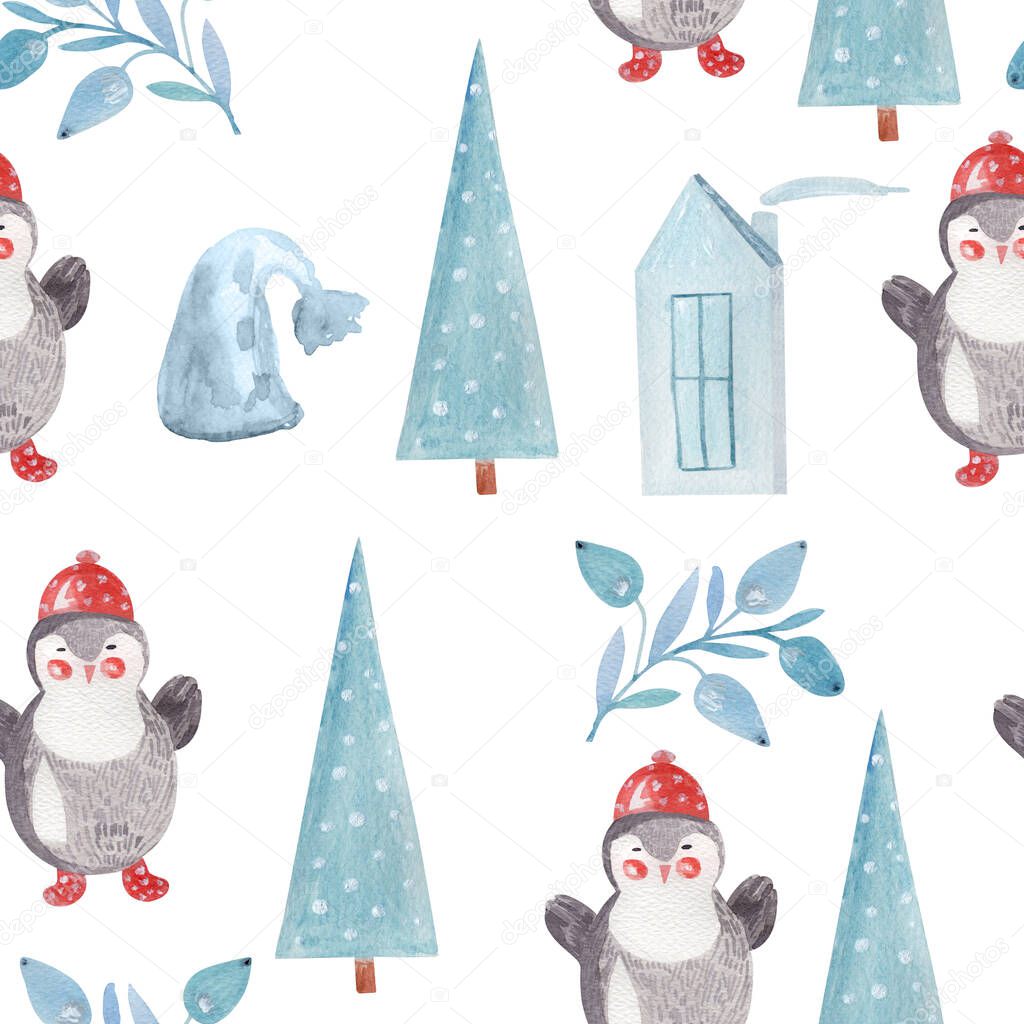 Seamless watercolor winter pattern christmas fir tree, penguin For decoration of gift wrapping, design works, postcards, design of fabrics and textiles, souvenirs, packaging design, invitation.